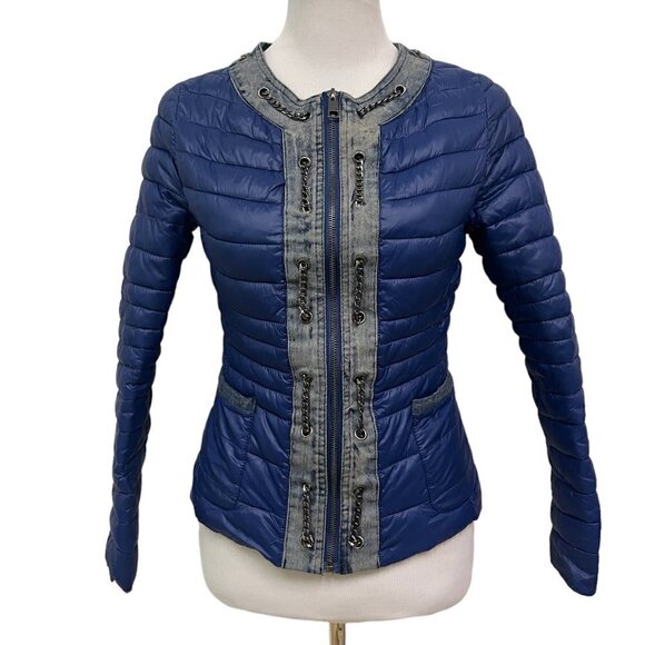 Monte Cervino Denim Lined Zip up Down Jacket. Blue EUC S - Picture 1 of 8